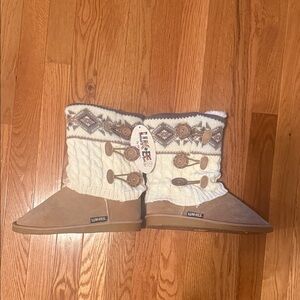 LUK-EES by MUK LUKs cream knit and tan boots